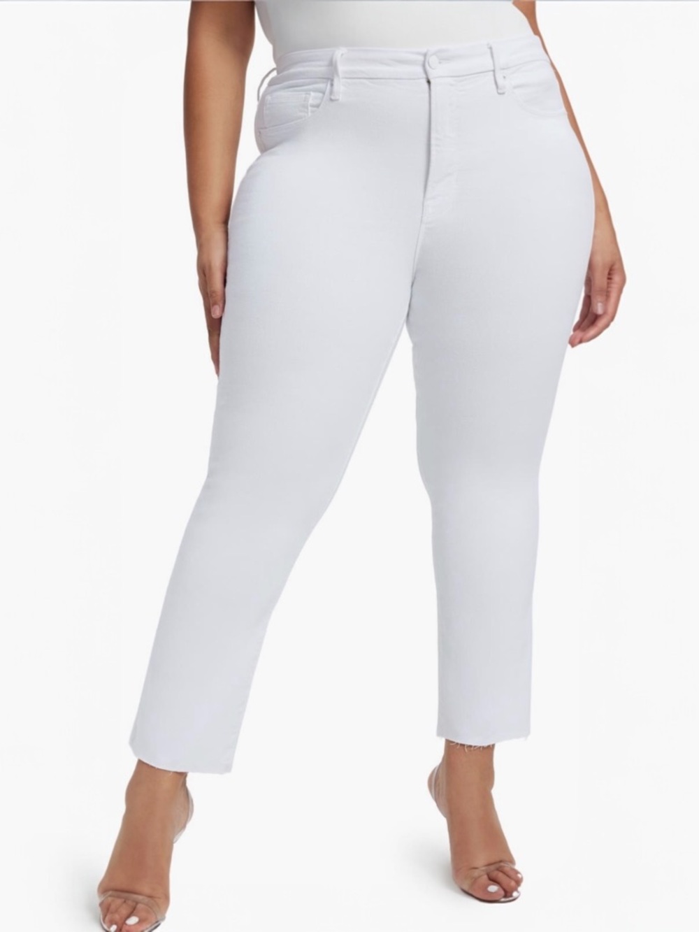 Good American Good Legs Straight Jeans Sz 18 Plus White Raw Hem Denim Pants